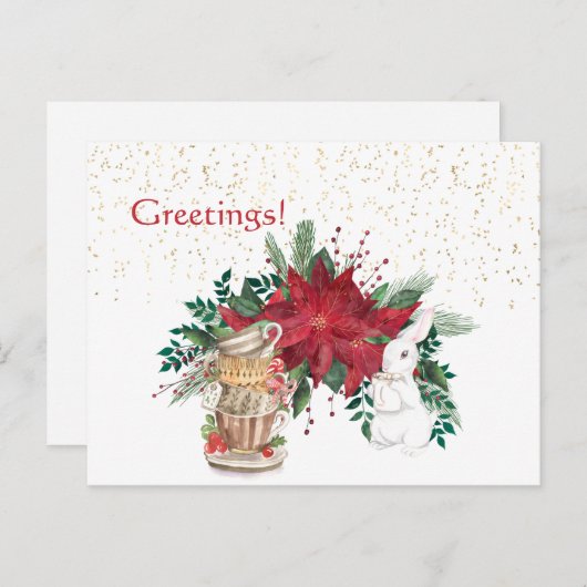 ヴィンテージレッドポインセチア茶うさぎクリスマス ポストカード (正面/裏面)
