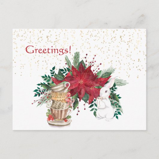 ヴィンテージレッドポインセチア茶うさぎクリスマス ポストカード (正面)