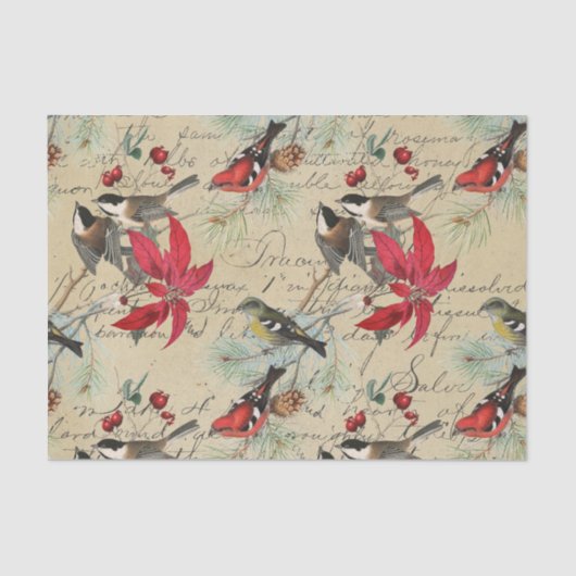 ヴィンテージレッドポインセチア鳥文字クリスマス 薄葉紙 (正面)
