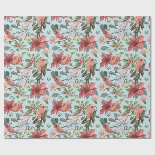 ヴィンテージレッドポインセチア(鳥)ショウジョウコウカンチョウバードクリスマス ラッピングペーパー (フラット)