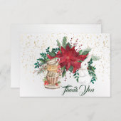ヴィンテージレッドポインセティアティーカップスウサギのクリスマス サンキューカード (正面/裏面)