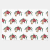 ヴィンテージレッドポインセティアティーカップスウサギのクリスマス ラッピングペーパーシート (正面3)