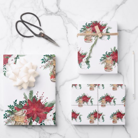 ヴィンテージレッドポインセティアティーカップスウサギのクリスマス ラッピングペーパーシート (正面)