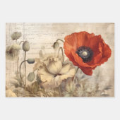 ヴィンテージレッドポピーのデコページ紙セット ラッピングペーパーシート (正面)