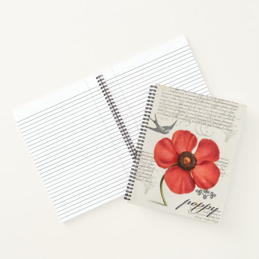 ヴィンテージレッドポピースケッチ+ビクトリアンタイポグラフィ ノートブック (内部)