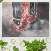 ヴィンテージレッドマッスルカーと銀ストライプ色 キッチンタオル (折り畳み)