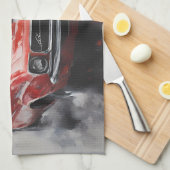 ヴィンテージレッドマッスルカーと銀ストライプ色 キッチンタオル (四つ折り)