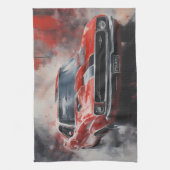 ヴィンテージレッドマッスルカーと銀ストライプ色 キッチンタオル (縦)