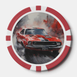 ヴィンテージレッドマッスルカーと銀ストライプ色 ポーカーチップ