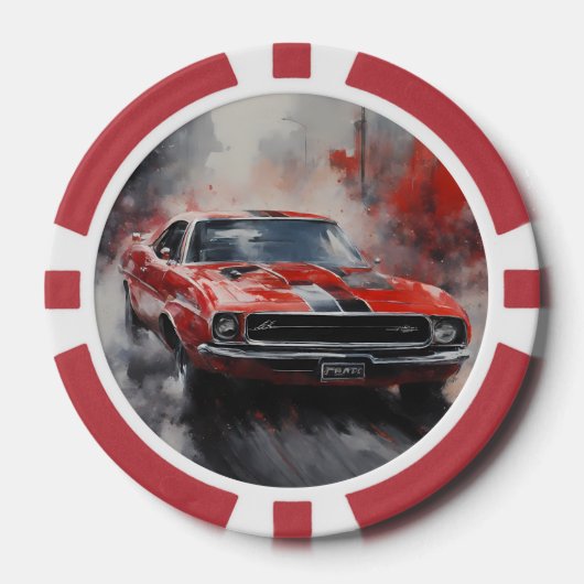 ヴィンテージレッドマッスルカーと銀ストライプ色 ポーカーチップ (正面)