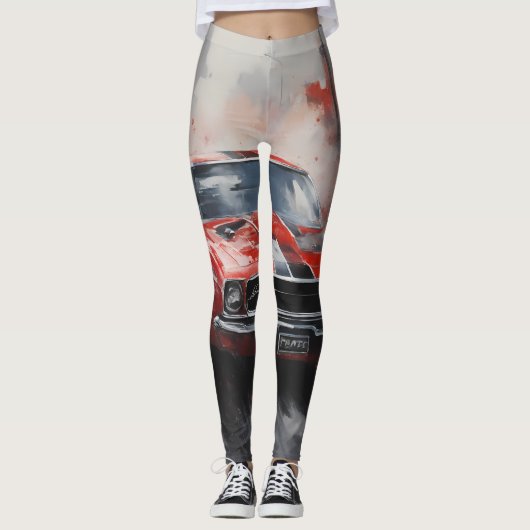 ヴィンテージレッドマッスルカーと銀ストライプ色 レギンス (正面)