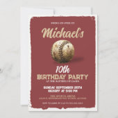 ヴィンテージレッドマルーン野球テーマ誕生日パーティー 招待状 (正面)