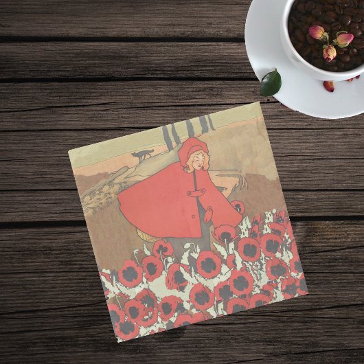 ヴィンテージレッドライディングフードウルフポピーの花 ストーンコースター