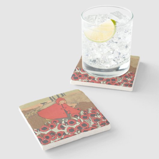 ヴィンテージレッドライディングフードウルフポピーの花 ストーンコースター (横)