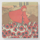 ヴィンテージレッドライディングフードウルフポピーの花 ストーンコースター (正面)