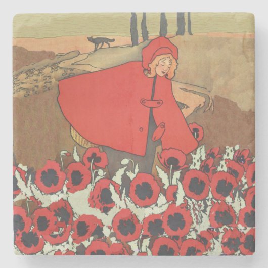ヴィンテージレッドライディングフードウルフポピーの花 ストーンコースター (正面)