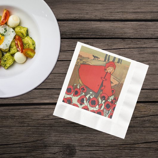 ヴィンテージレッドライディングフードウルフポピーの花 縁ありランチョンナプキン