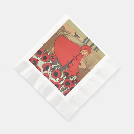 ヴィンテージレッドライディングフードウルフポピーの花 縁ありランチョンナプキン (角)