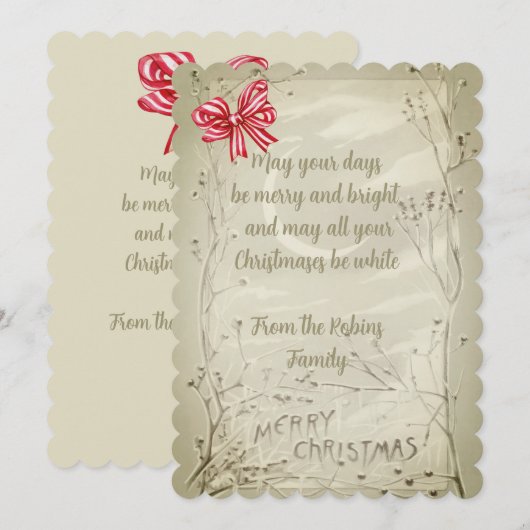 ヴィンテージレッドリボン古いスタイルクリスマス シーズンカード (正面/裏面)
