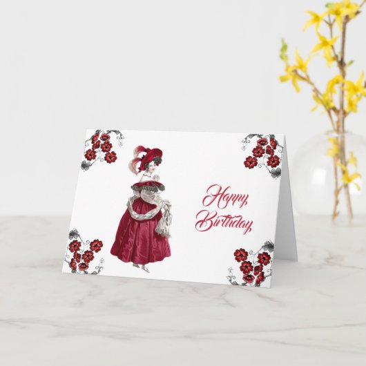 ヴィンテージレッドレディフローラエレガント誕生日 カード (黄色い花)