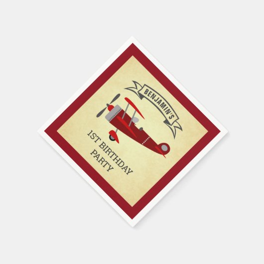 ヴィンテージレッドレトロ飛行機バースデーパーティー紙 スタンダードカクテルナプキン (角)