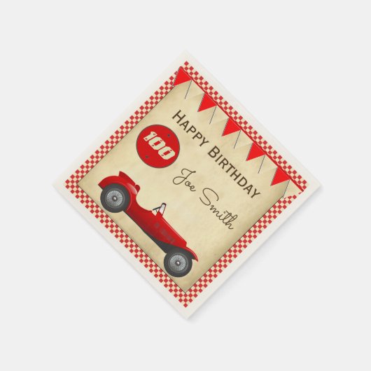 ヴィンテージレッドレースカーとフラグ100誕生日 スタンダードカクテルナプキン (角)