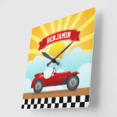 ヴィンテージレッドレースカーネームキパーソナライズされたッズルーム スクエア壁時計 (傾斜)