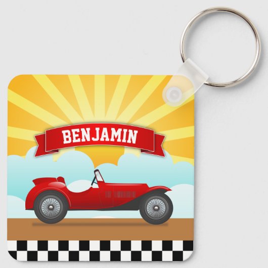 ヴィンテージレッドレースカーパーソナライズされたドネームキッズルーム キーホルダー (裏面)
