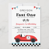 ヴィンテージレッドレースカーファースト誕生日ファーストワン 招待状 (正面)