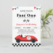 ヴィンテージレッドレースカーファースト誕生日ファーストワン 招待状 (スタンド正面)