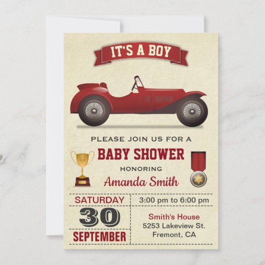 ヴィンテージレッドレースカーベビーシャワー招待状 招待状 (正面)