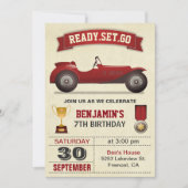ヴィンテージレッドレースカー子供の誕生日パーティー招待状 招待状 (正面)