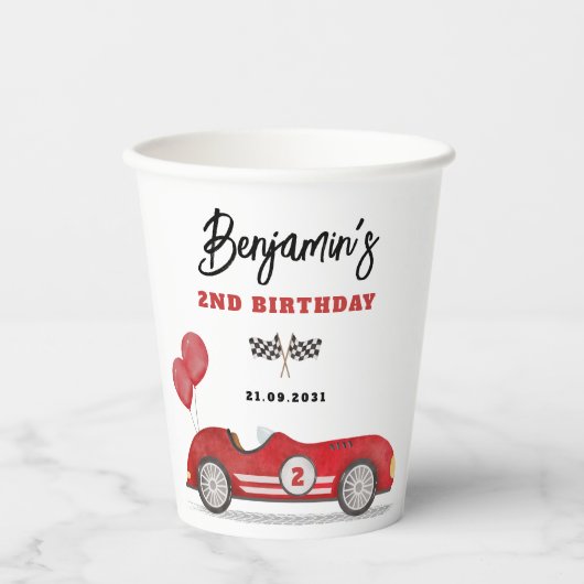 ヴィンテージレッドレースカー2速い男の子バースデーパーティー 紙コップ (正面)