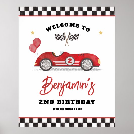 ヴィンテージレッドレースカー2速誕生日歓迎 ポスター (正面)