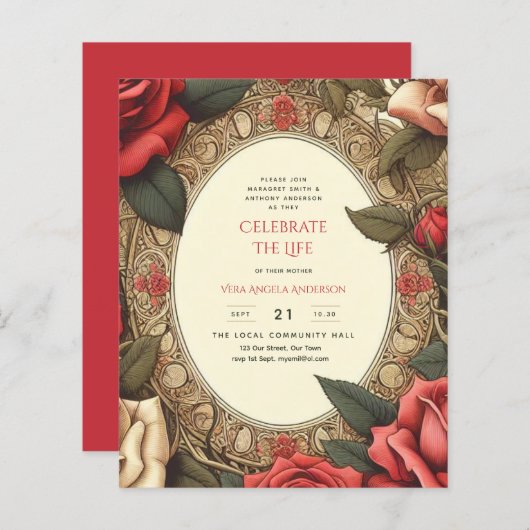 ヴィンテージレッドローズお祝いライフ記念詩 (正面/裏面)