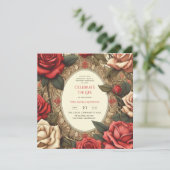 ヴィンテージレッドローズお祝いライフ記念詩 招待状 (スタンド正面)