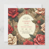 ヴィンテージレッドローズお祝いライフ記念詩 招待状 (正面)