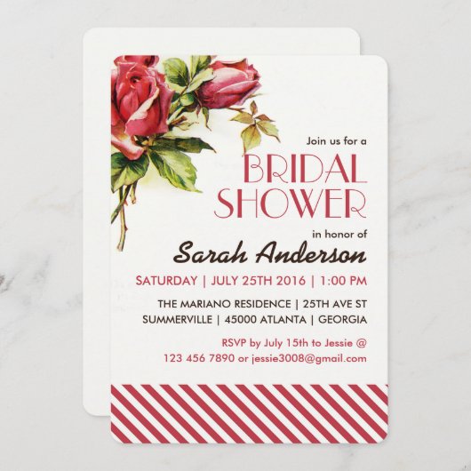 ヴィンテージレッドローズとストライプ招待状 招待状 (正面/裏面)