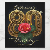 ヴィンテージレッドローズと金ゴールドフィリーグリー80誕生日 ワインラベル (シングルラベル)