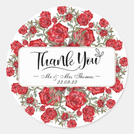 ヴィンテージレッドローズウォーター色フローラサンキューカード ラウンドシール (正面)