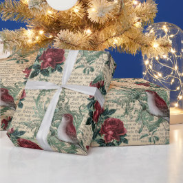 ヴィンテージレッドローズバーズニュースプリントクリスマス ラッピングペーパー