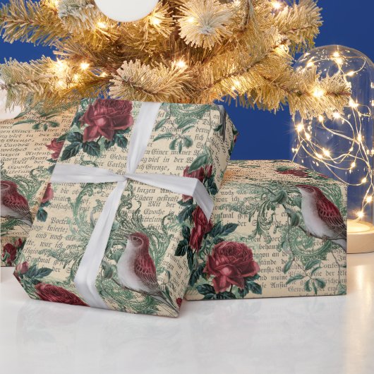 ヴィンテージレッドローズバーズニュースプリントクリスマス ラッピングペーパー (クリスマス)