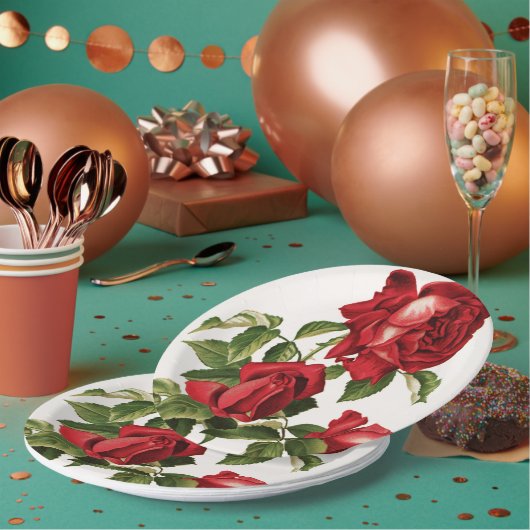 ヴィンテージレッドローズパーティー ペーパープレート (複数)