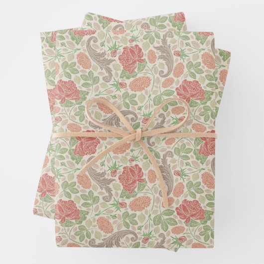 ヴィンテージレッドローズピンクカーネーションMumsフローラ ラッピングペーパーシート (インサイチュ)