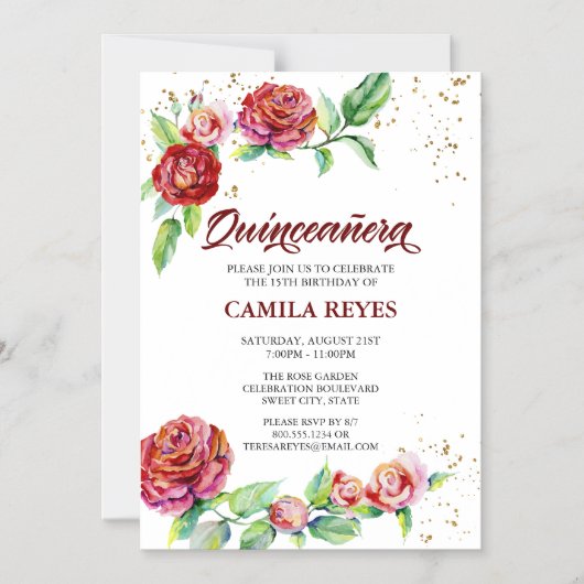 ヴィンテージレッドローズピンクローズブズフローラキンセアニェラ マグネット招待状 (正面)