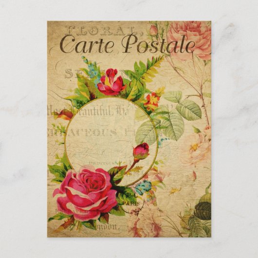 ヴィンテージレッドローズフローラ花フランスの ポストカード (正面)