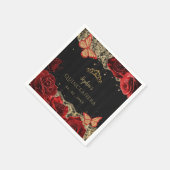 ヴィンテージレッドローズブラック金ゴールドレースキンセアニラ スタンダードカクテルナプキン (角)