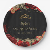 ヴィンテージレッドローズブラック金ゴールドレースキンセアニラ ペーパープレート (正面)