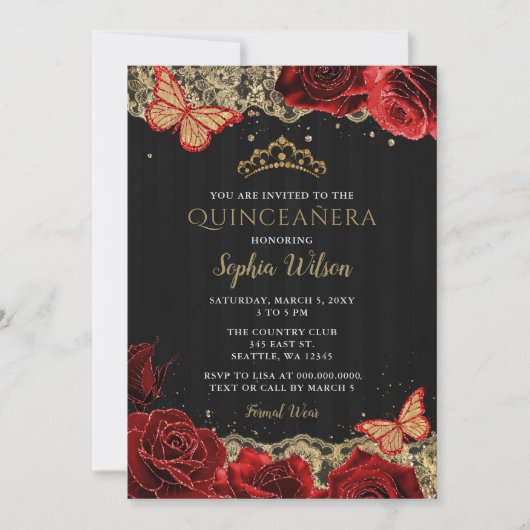 ヴィンテージレッドローズブラック金ゴールドレースキンセアニラ 招待状 (正面)