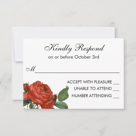 ヴィンテージレッドローズボタニカルウェディングRSVP 出欠カード (正面)